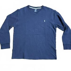 Polo Ralph Lauren Logo Sleep Shirt Mens 2XL Navy Blue Waffle Knit Thermal Shirt